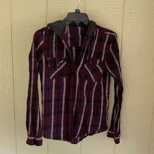 Button up flannel with drawstring hood